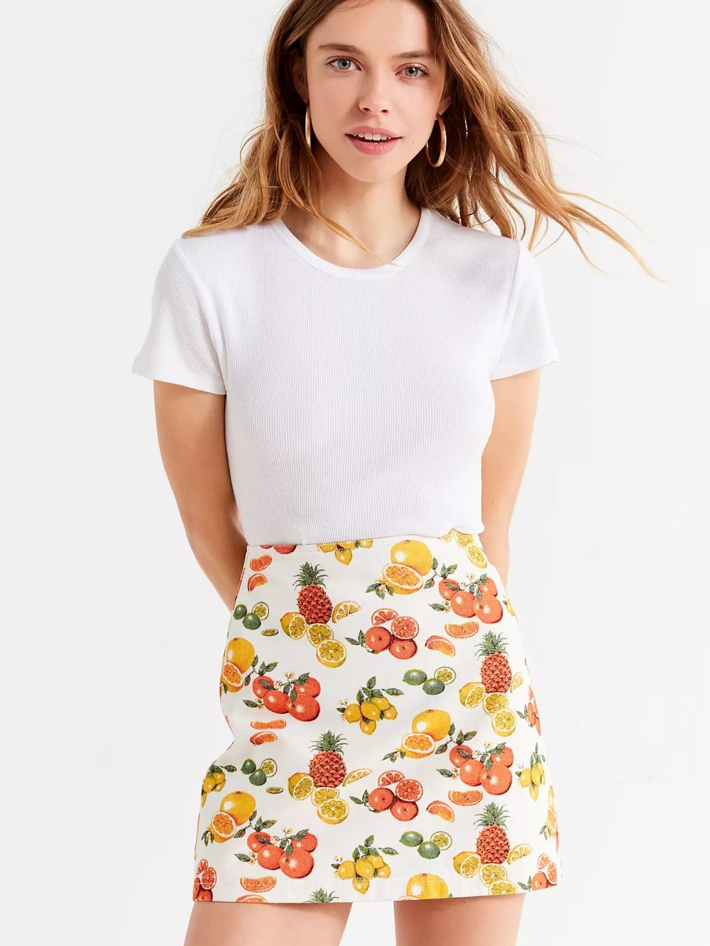 BDG White Mini Skirt with Citrus Fruit Print Urban Outfitters SMALL